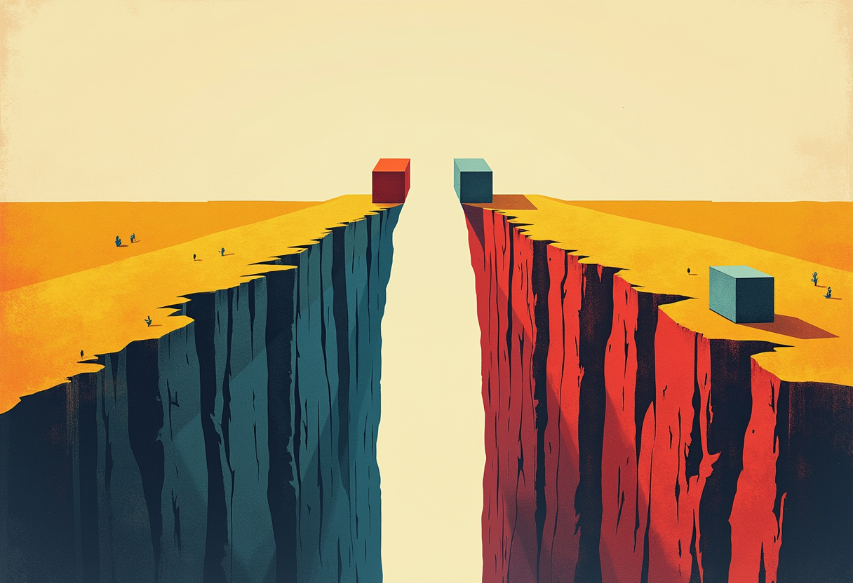 Editorial illustration: two identical ramps over a canyon — the left plunges off a sheer cliff to the canyon floor while the right stays nearly flat on a high plateau.