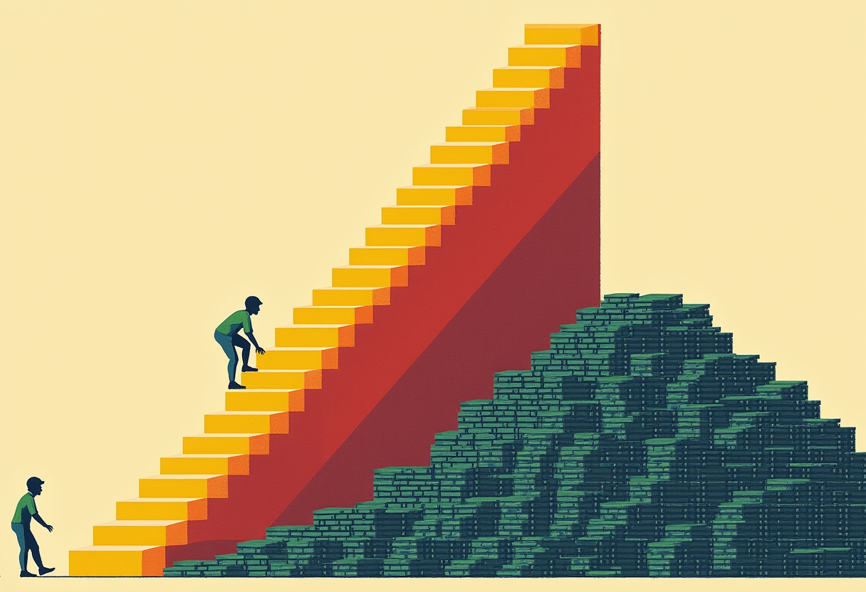 Editorial illustration: a lone climber ascends a tall staircase beside an enormous heap of stacked processor chips — the compute it cost to climb.