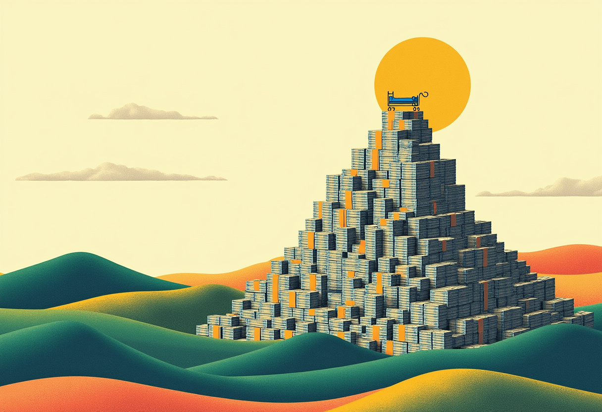 Editorial illustration: a towering mountain of stacked banknotes and coins, the tallest peak in a landscape of lower green hills, with a single small hospital bed alone at its summit.