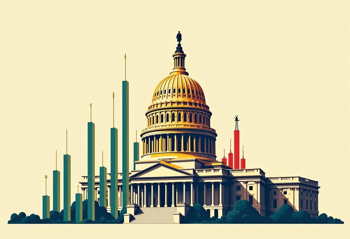 Editorial illustration: a gilded classical capitol dome with a lone tiny figure standing on top, flanked by tall green and short red stock-market candlestick bars.