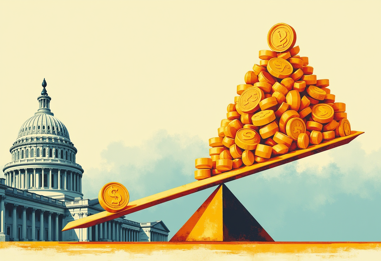 Editorial illustration: a seesaw on a classical government building's pediment, a single tiny gold coin on one end outweighing and lifting a towering mountain of gold on the other.