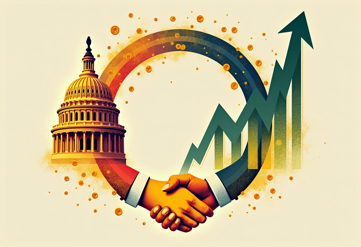 Editorial illustration: a closed loop of gold coins circulating between a classical capitol dome and a rising stock-market chart, with a handshake at the bottom of the ring.