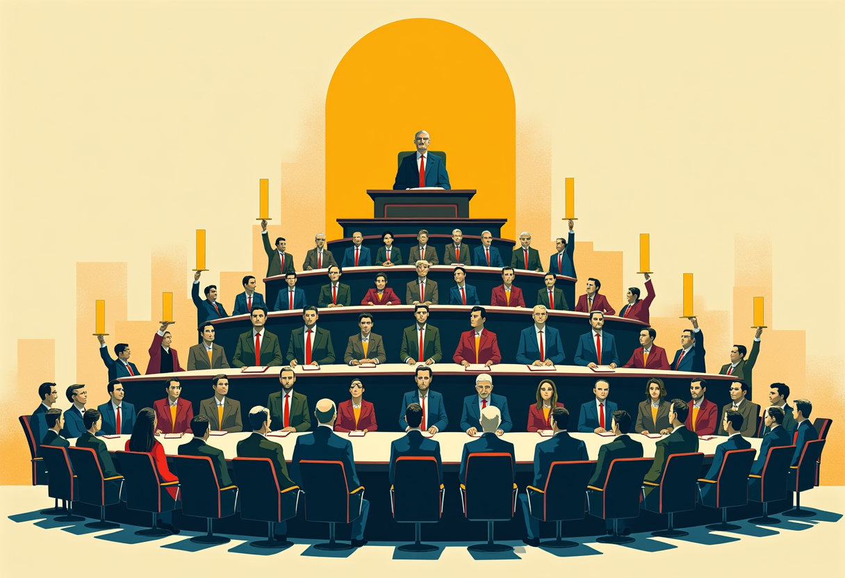 Editorial illustration: a towering tiered congressional committee dais rising from junior seats to a high chairman's seat, every figure at every height holding an identical small flat stock-chart line.