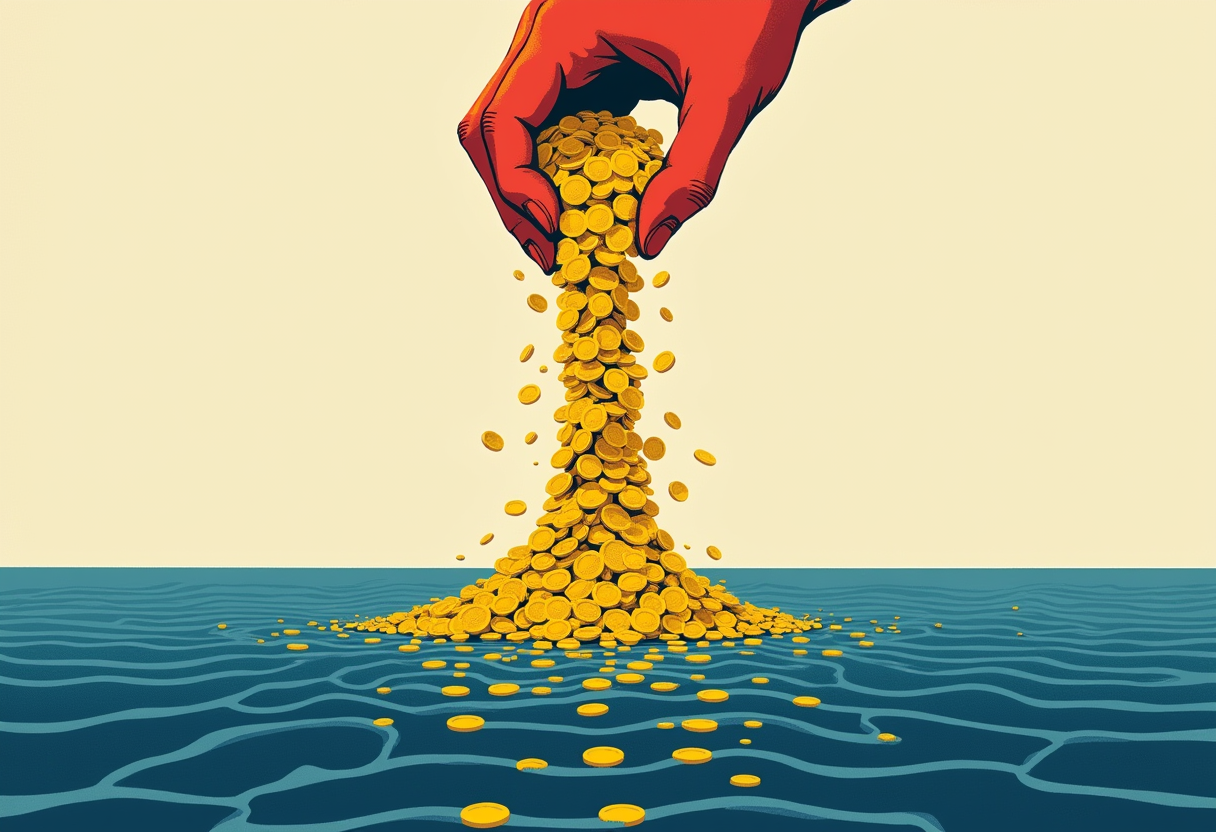 Editorial illustration: a giant hand pouring an enormous cascade of gold coins down into a vast calm ocean, the coins vanishing with barely a ripple, the horizon staying flat.