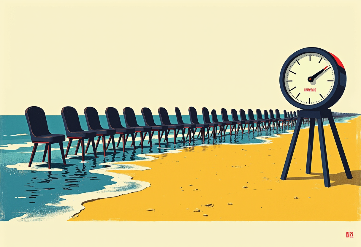 Editorial illustration: a long row of empty congressional chairs on a beach being swept away by an incoming tide, with a large approval gauge planted in the sand setting how high the water rises.