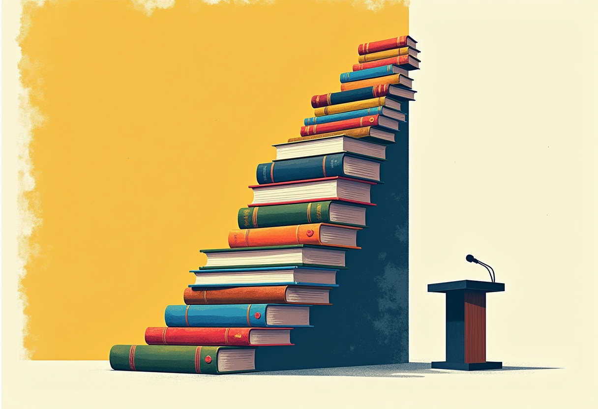 Editorial illustration: a descending staircase built of books, from a towering stack of thick tomes down to a single thin pamphlet, with a small lectern and microphone at the low end.