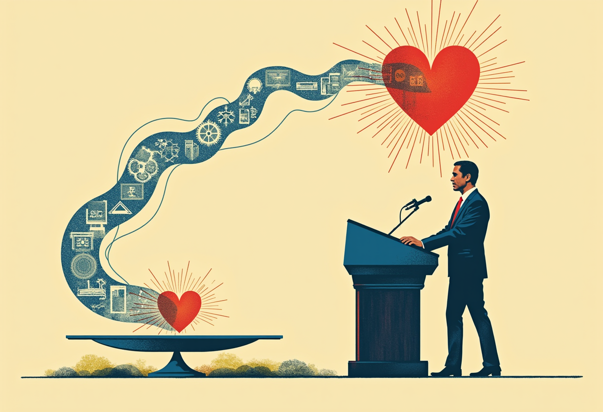 Editorial illustration: a president at a lectern with a microphone; a ribbon of speech rises from it, built on one end of cold blue geometric diagrams and gears, morphing across into a glowing red heart, with a balance scale beneath tipping from the argument side toward the feeling side.