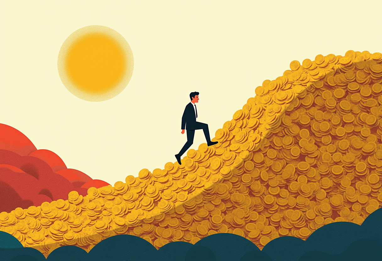 Editorial illustration: a small figure climbing a steep rising hill built of stacked gold coins toward a warm sun; the slope rises fast then bends toward a plateau — the shape of diminishing returns.