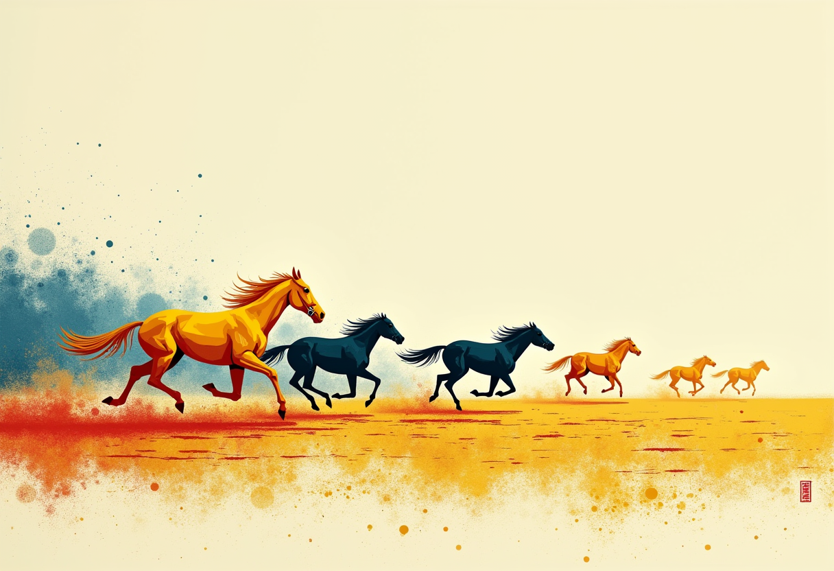 Editorial illustration: a horse race where a single golden horse strides far ahead, a couple of darker horses follow well behind, and the rest of the field fades into faint outlines — one clear winner, a few survivors, the rest gone.