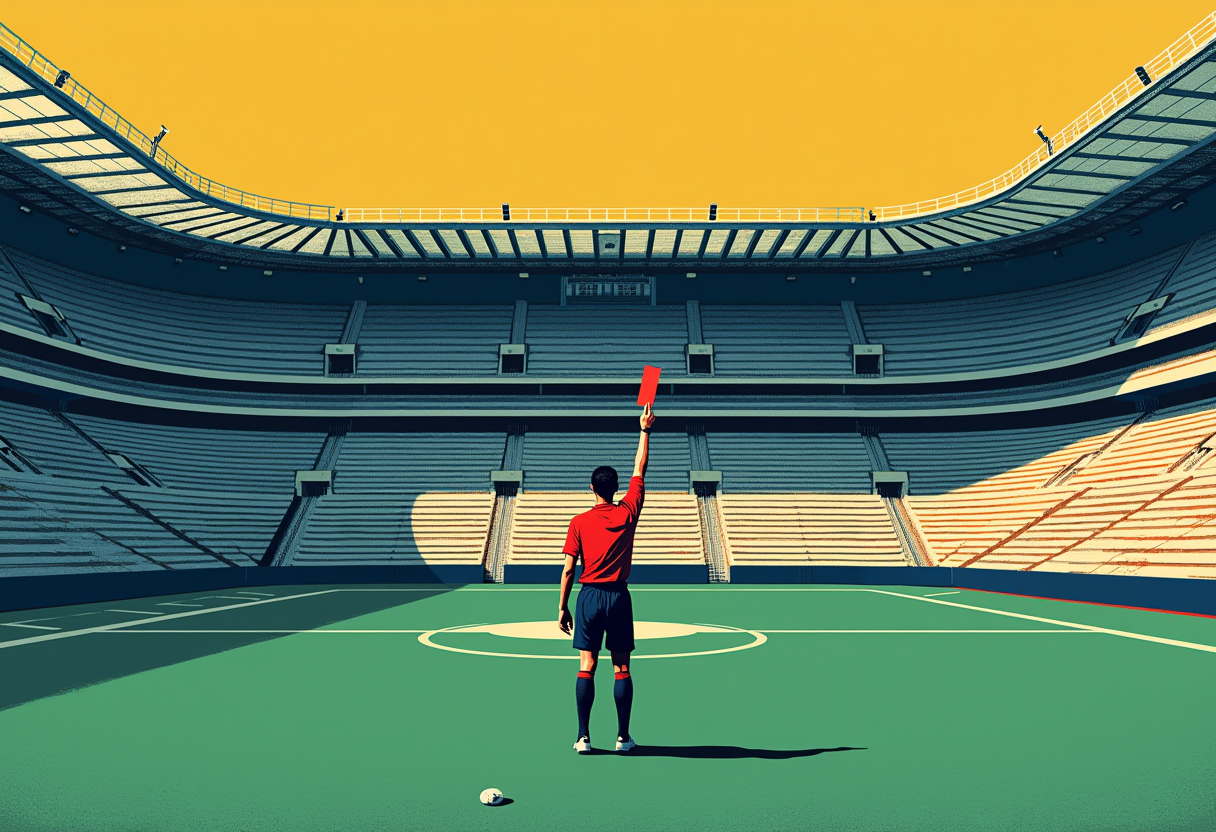 Editorial illustration: a lone referee stands at the center of a vast, completely empty stadium, one arm raised holding a red card, a ball on the pitch beside him — the silence made visible.