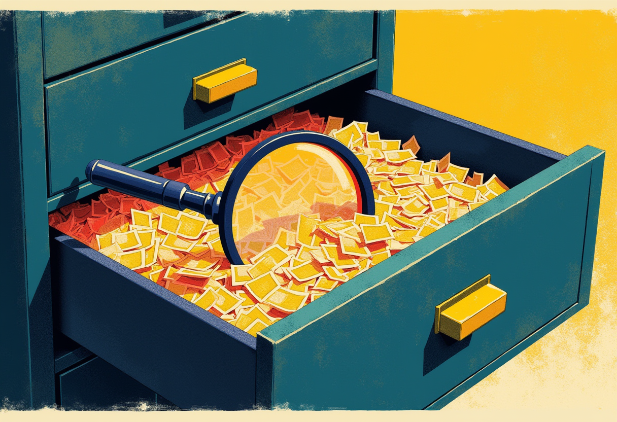 Editorial illustration: an open filing-cabinet drawer overflowing with paper trade slips under a large magnifying glass — most slips dull, a few glinting gold.