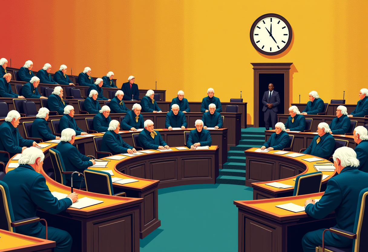 Editorial illustration: a semicircular legislative chamber filled with white-haired elderly figures at curved desks, canes propped against them, a large clock on the wall, one lone younger figure standing in a doorway.