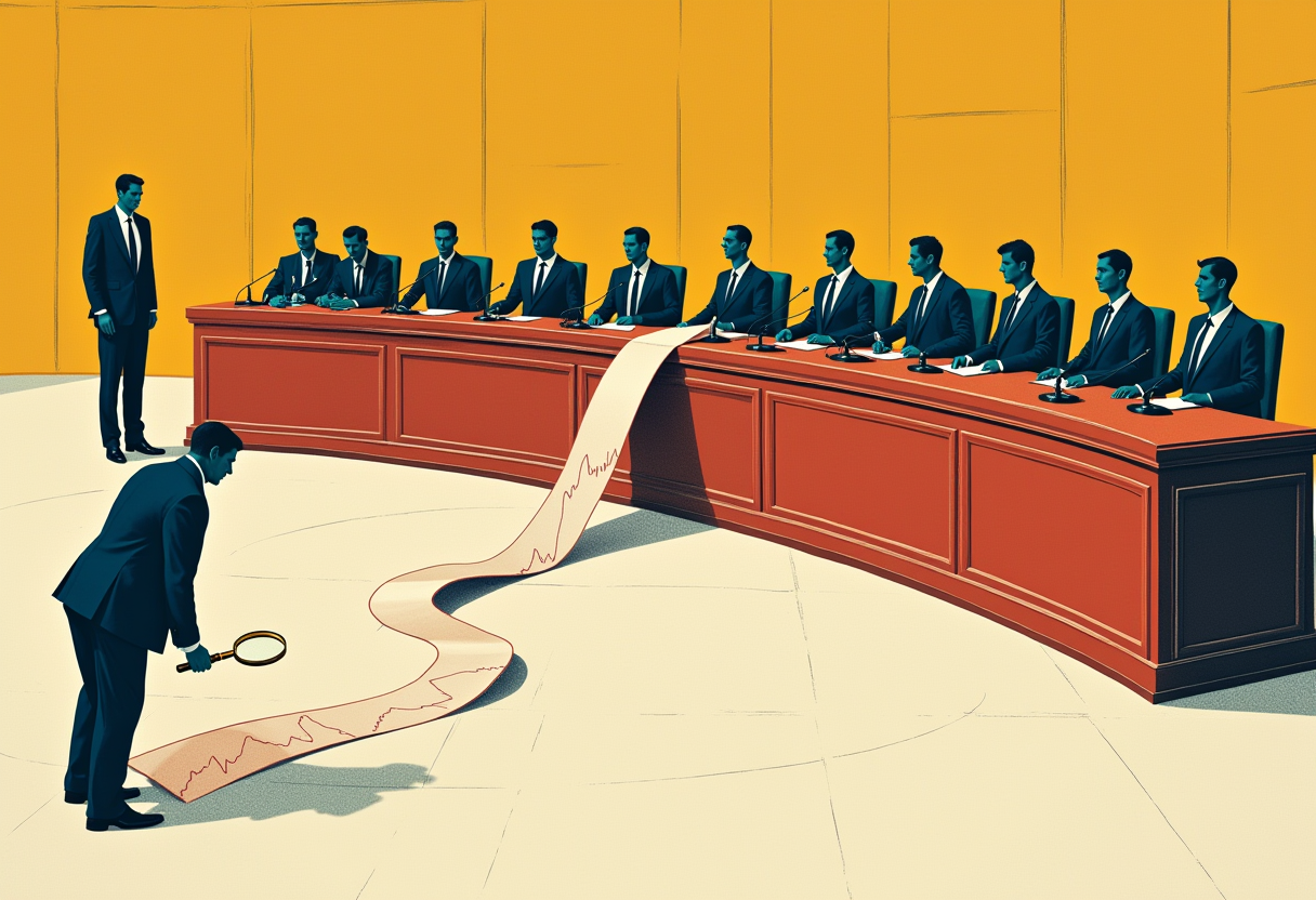 Editorial illustration: a curved committee dais of identical suited figures; a long paper ribbon bearing a jagged stock line spills from beneath it, and one member leans out to examine it through a magnifying glass.