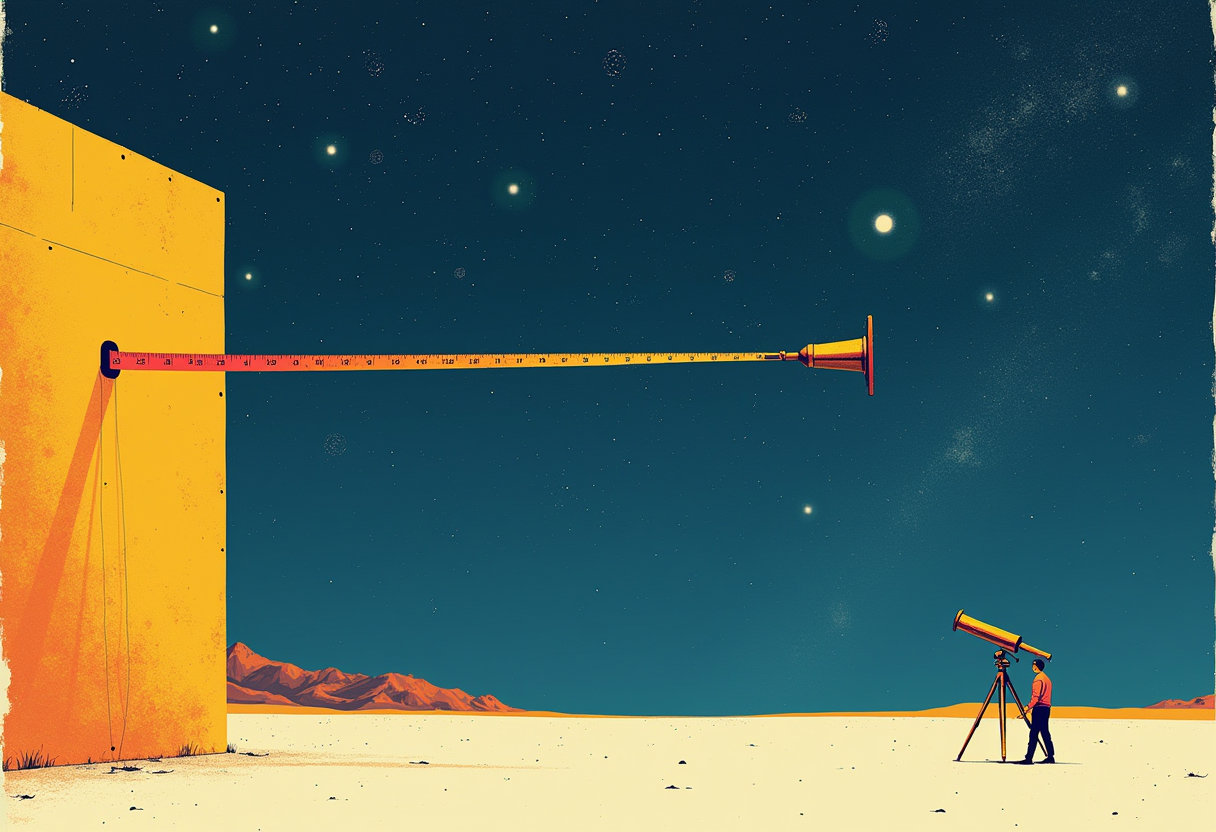 Editorial illustration: a night sky of small spiral galaxies between a glowing golden wall of ancient light on the left and a small astronomer with a telescope on the right; two blank measuring tapes stretch toward each other and stop short, leaving a lit gap of dark sky between their ends.