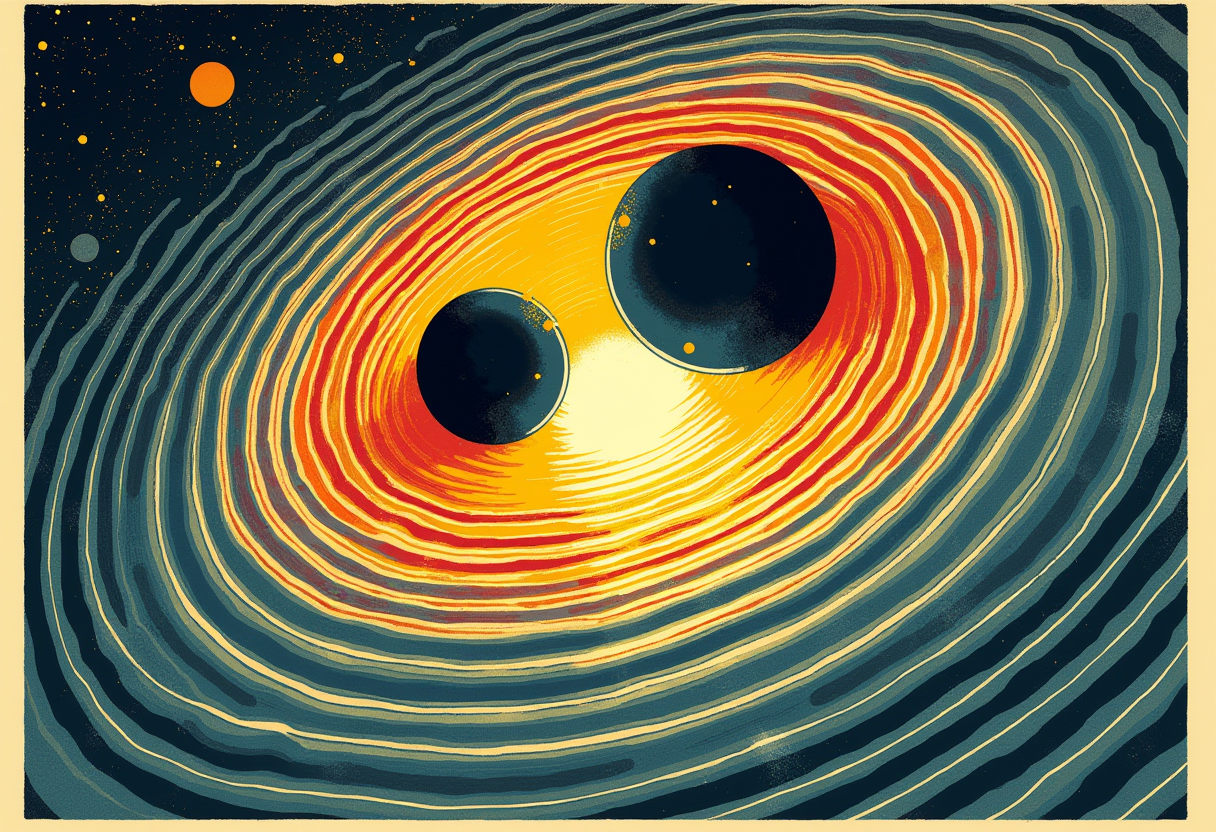 Editorial illustration: two dark black holes spiralling together with a brilliant golden burst at the point of merger and concentric gravitational-wave ripples expanding outward across warped spacetime.