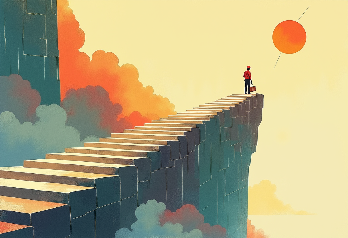 Editorial illustration: a monumental stone staircase climbs steeply through clouds and breaks off in mid-air; a small worker sits on the last solid step looking up at two ghostly dotted outline steps hovering unattached in the sky, with a small brilliant sun far above.