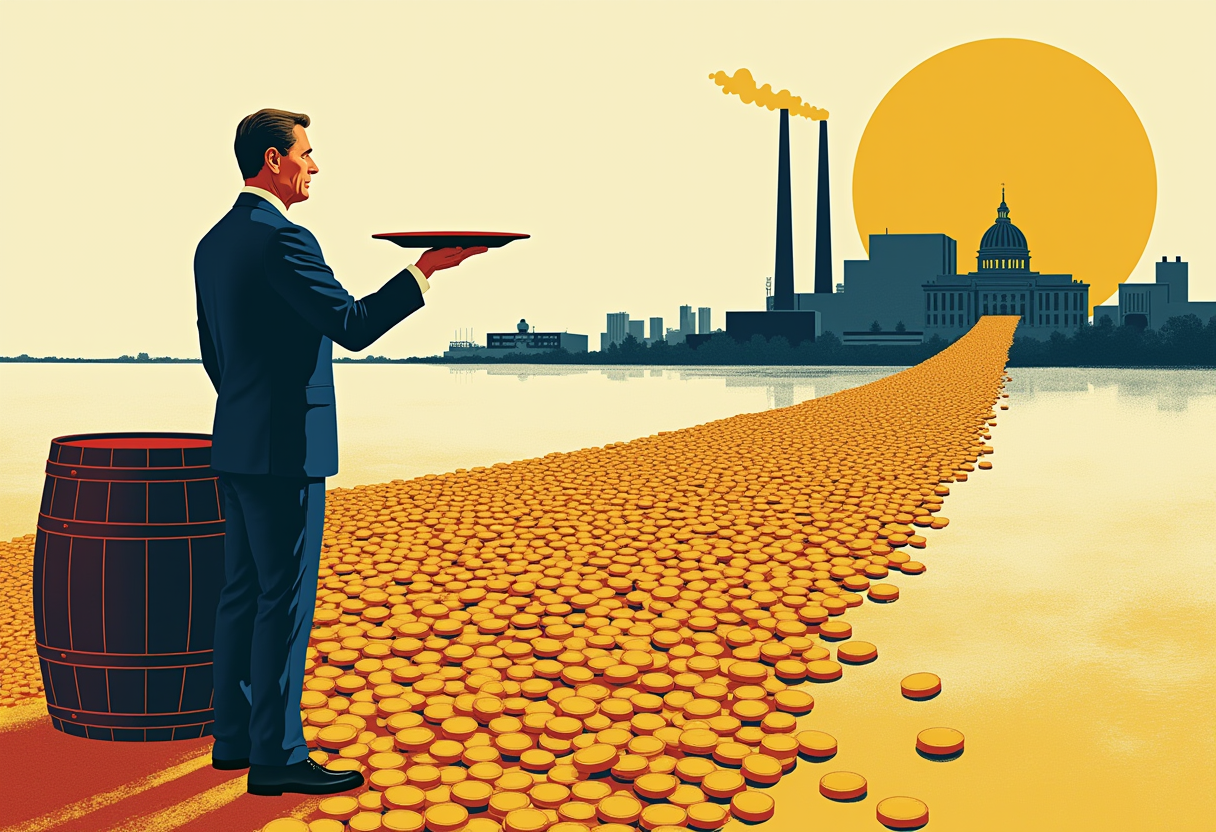 Editorial illustration: a politician in a suit beside an empty barrel holds out an empty plate while a broad river of gold coins streams past him toward distant factories, a university dome and a military hangar.