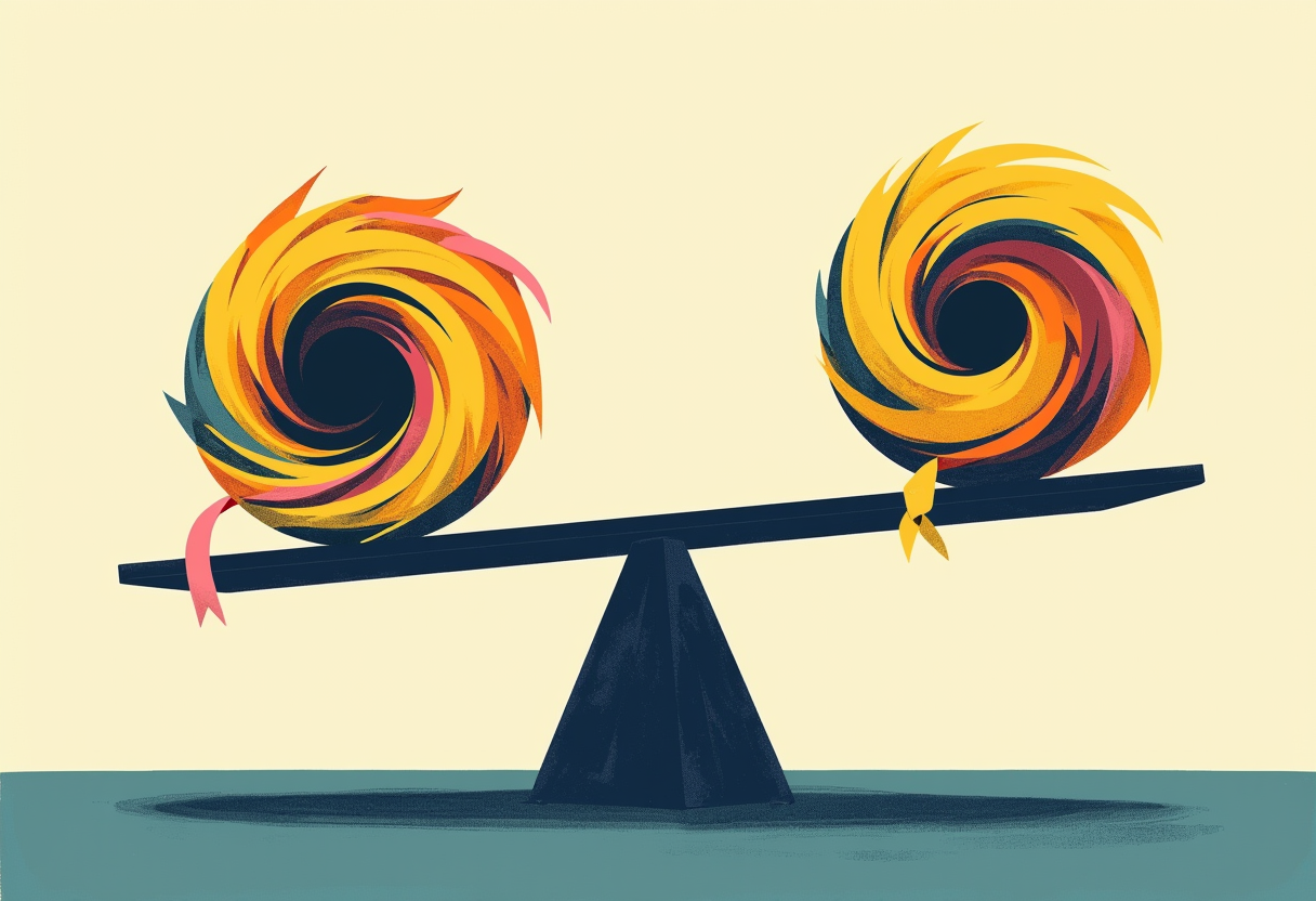 Editorial illustration: a balance scale holding two identical hurricane spirals, one tagged with a pink ribbon and one with a blue ribbon, the scale essentially level — the name-ribbons make no difference to the weight.