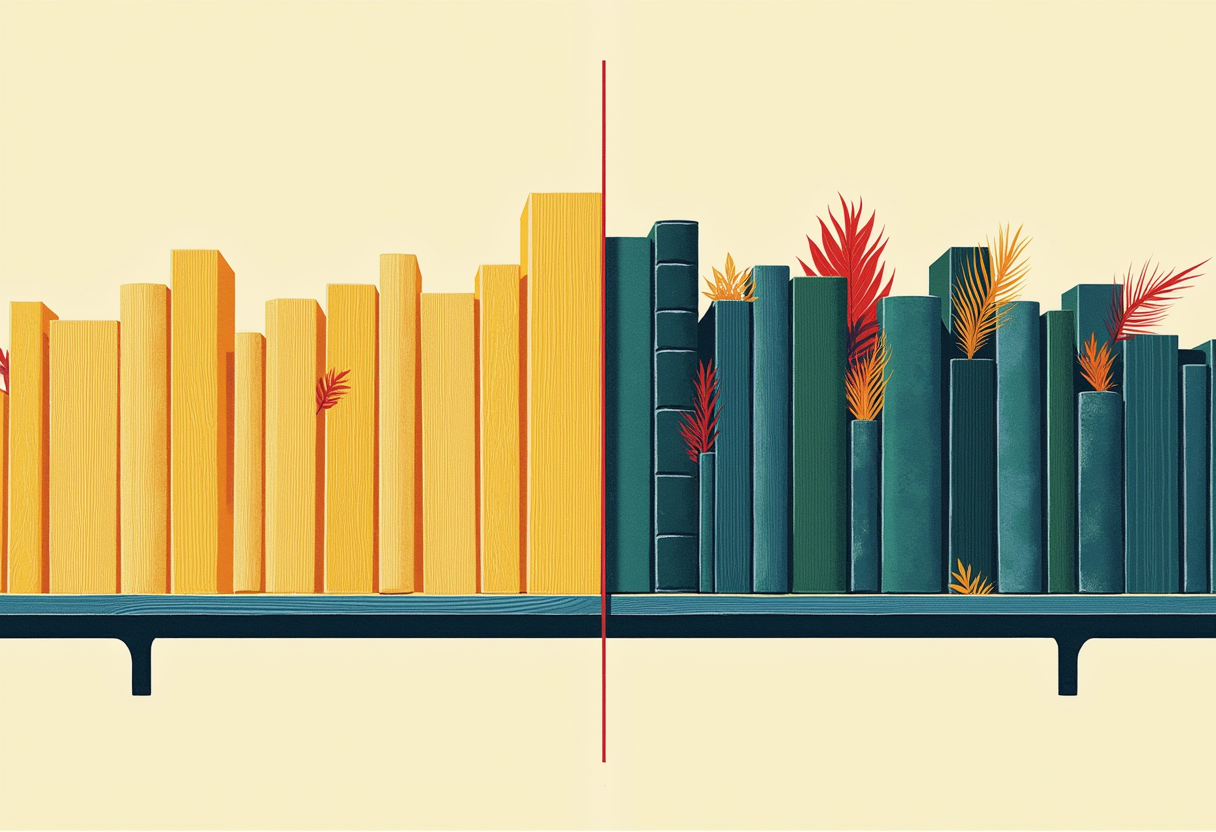 Editorial illustration: a long bookshelf split by a sharp red vertical seam — plain paper volumes on the left, volumes sprouting bright parrot feathers on the right.