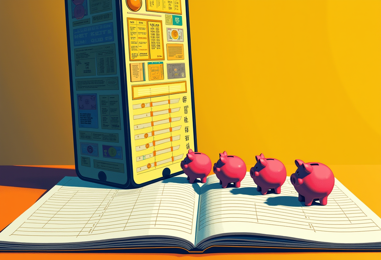 Editorial illustration: a giant smartphone covered in betting odds looms over a row of small, intact pink piggy banks standing on an open ledger book.