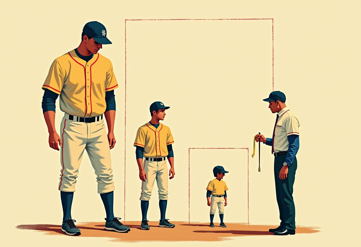 Editorial illustration: three baseball players descending in height, each with a chalk strike-zone rectangle scaled to his body — enormous for the giant, tiny for the smallest — while an umpire with a tailor's measuring tape appraises them.