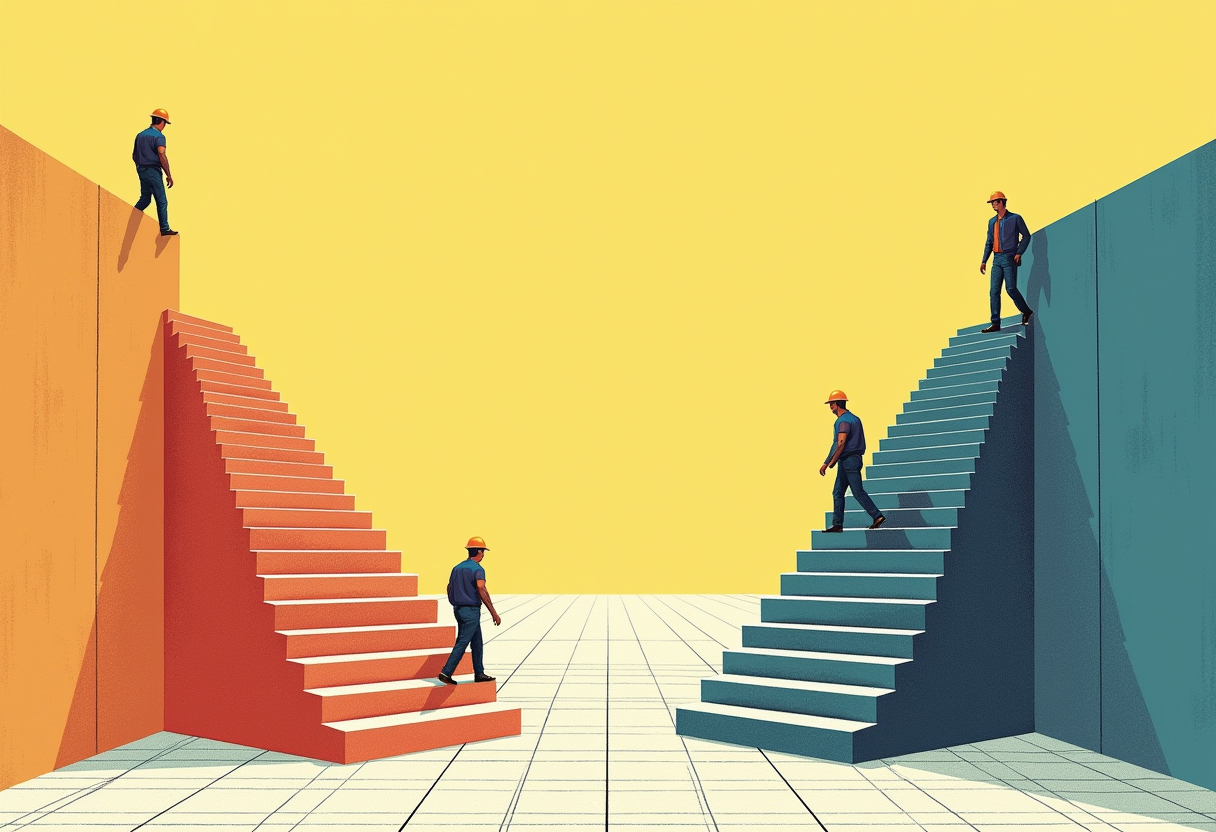 Editorial illustration: two stairways face each other across a wide graph-paper floor under a pale yellow sky — one vermilion red, one cobalt blue — each climbing upward with small workers in hard hats walking their steps. Both go up; the space between them is the subject.