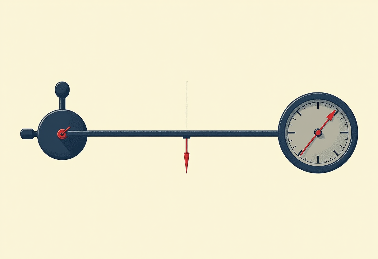 Editorial illustration: a navy hand-crank turning on the left and a large round instrument dial on the right, connected by a long horizontal rod that is cleanly severed in the middle, the two broken ends separated by an empty gap.