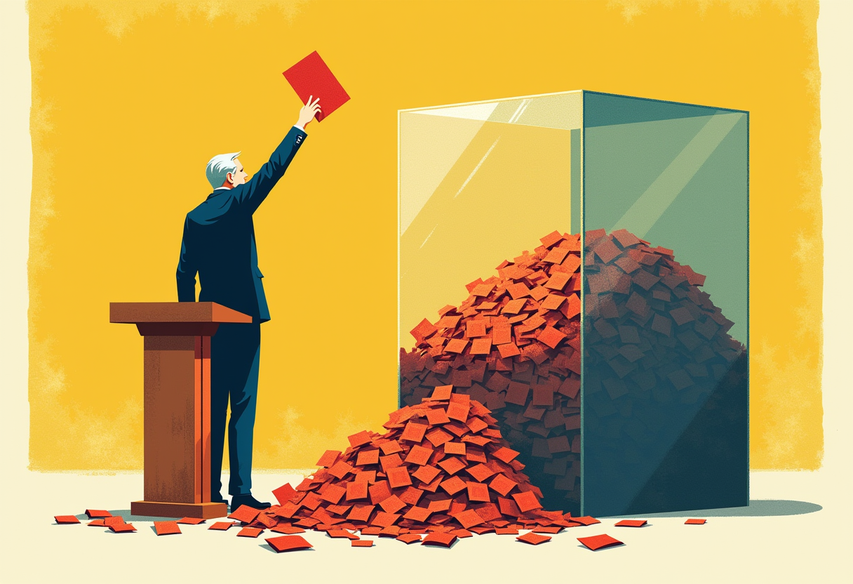 Editorial illustration: a lone senator at a voting-booth podium raising a single red ballot, beside a glass ballot box already overflowing with many golden ballots spilling onto the floor.